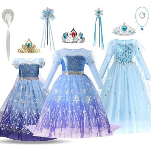 Elsa Princess Dress Fancy Cosplay Snowflake Anna Costume Children Birthday Party Long Sleeve Halloween Dress With Cloak