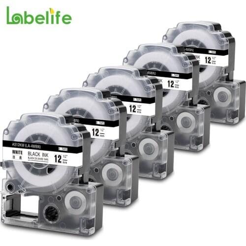 Labelife 5Pack SS12KW LC-4WBN Compatible Epson LabelWorks LK Tape Standard 12mm Black on White For LW-300, LW-400 LW-600P Makers