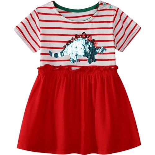 European And American Style Summer Childrens Clothing Girls Beading Dinosaur Cartoon Pattern Striped Short-sleeved Kids Dress
