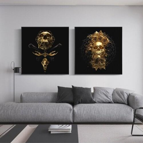 Horror Golden Skull Rose Flower Art Canvas Print Painting Abstract Wall Picture Living Room Modern Black Home Decoration Poster