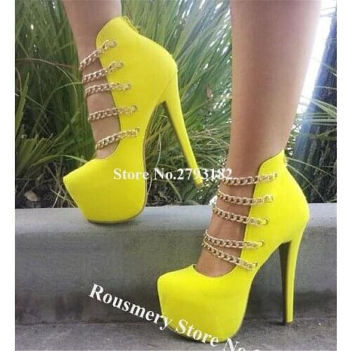 Women Charming Suede Leather High Platform Gold Chains Stiletto Heel Pumps Yellow Round Toe High Heels Formal Dress Shoes