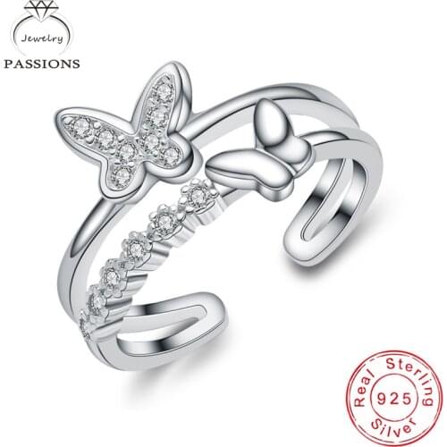 Wholesale Fashion 925 Sterling Silver Resizable Zircon Rings Fine Double Layer Butterfly Rhinestone Rings Girl&Lady Jewelry Gift
