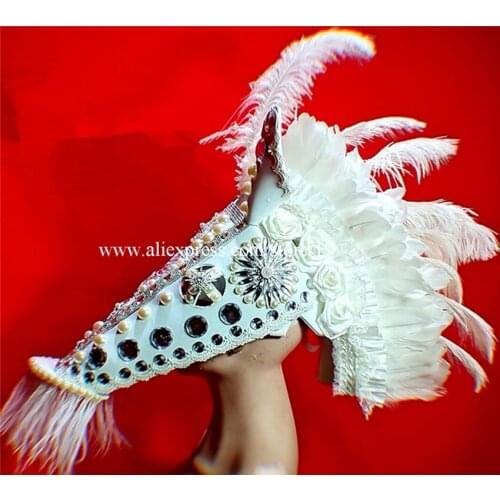 Party Horse Head Headdress White feather Ballroom Headwear Stage dance cosplay Catwalk Show Model Pearl Feather Headgear mask
