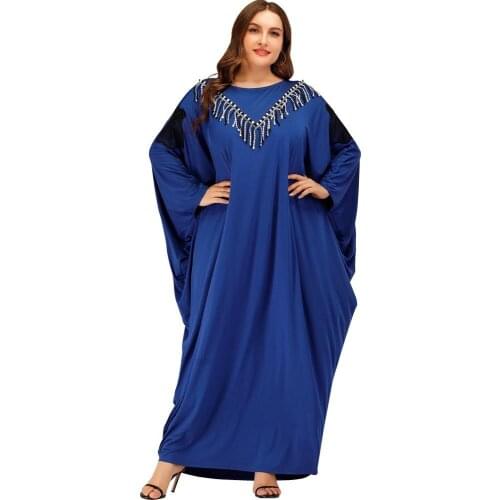 Women Dresses Bat Type Long-sleeved Black and White Tassel Lace Applique Ankle Length Dress Spring Muslim Max Loose Clothing