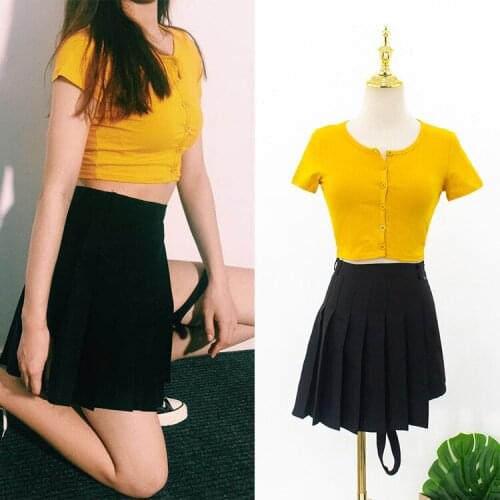 Kpop 4Minute Kim Hyun A Yellow Knit Slim Short Cardigan T-shirts Tops+Black Sexy High Waist Pleated Skirts Women Two Piece Set