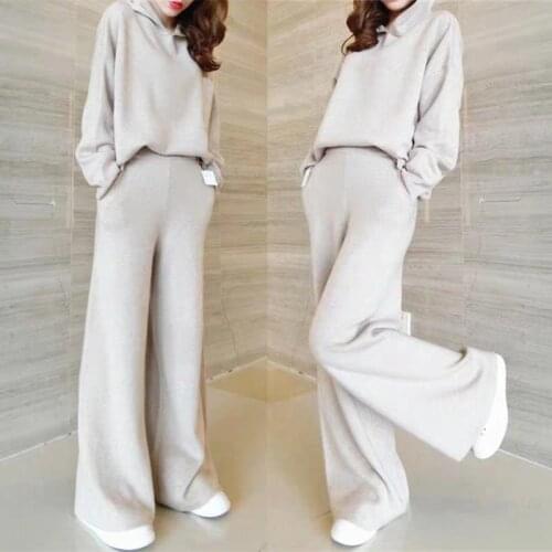 2020 autumn winter Women Solid Color Hooded Pullover Knit Sweater + Casual Wide Leg Pants Fashion Two Piece Set