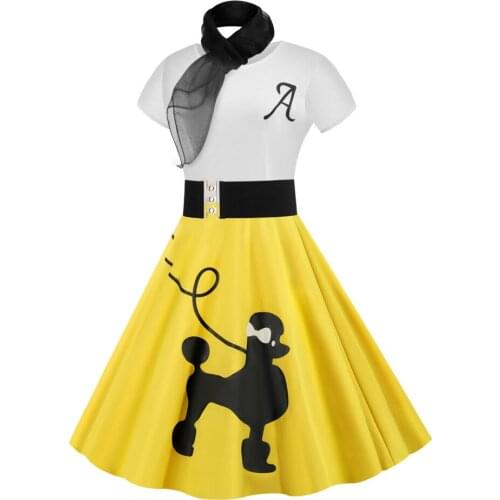 2021 Casual Dog Pattern Dress Women With Belt Scraf Patchwork High Waist Elegant Office Lady Pleated Slimming Large Hem Dresses