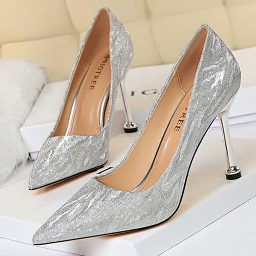 2021 Women Sexy Stripper 9.5cm High Heels Glitter Pumps Stiletto Bling Gold Silver Heels Wedding Bridal Valentine Scarpins Shoes