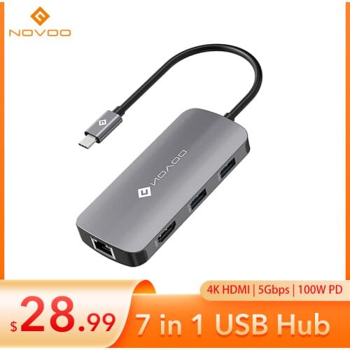 NOVOO USB C Hub 7 Ports Docking Station 100w Power Delivery USB 3.0 Adapter USB 2.0 Hubs to 4k HDMI RJ 45 100/1000Mbps Ethernet