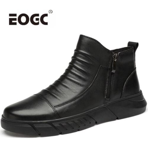 Natural Cow Leather Men Boots Handmade Plush Warm Men Winter Shoes Rubber Anti-Skidding Ankle Snow Boots Shoes