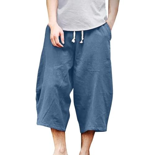 Casual Loose Pants Men Wide Leg Cropped Trousers Summer Solid Bohemia Beach Pants 2021 New Breathable