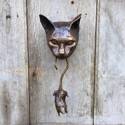 Cat Door Knocker Sculpture Cat & Mouse Ornaments Decorative Cat Mouse Deterrent Decoration Front Door Wall Hanging