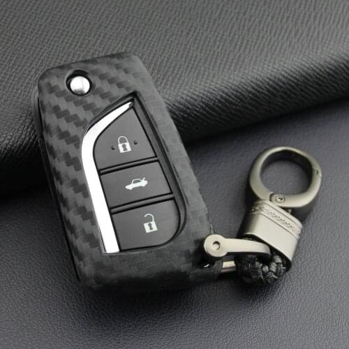 For Toyota Camry RAV4 C-HR Corolla 2018 2019 2020 Carbon Fiber Flip Key Fob Case Cover Chain Ring