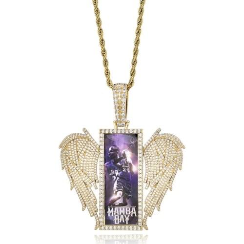 Private Custom photo Angel Wing Rectangular Frame Pendant Micro-Emblazoned With zircon Hip-Hop Necklace Hiphop/Rock