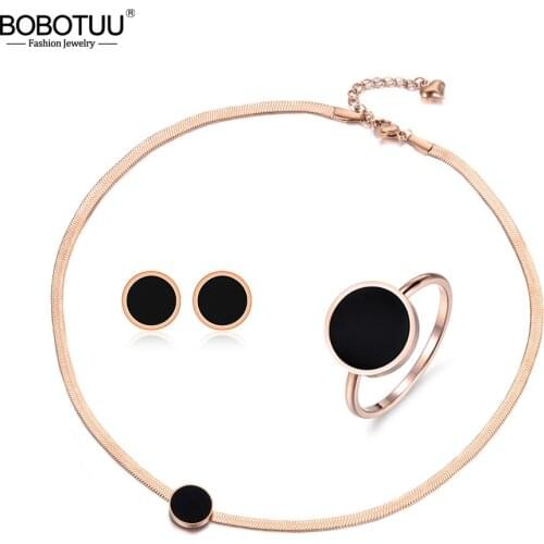BOBOTUU Trendy Black Acrylic Stainless Steel Snake Chain Thin Necklace Bracelet Earrings Rings Jewelry Sets For Women BSE004