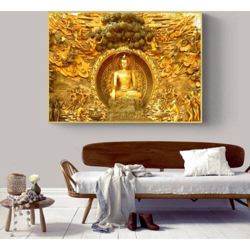 Golden Lord Buddha Oil Paintings on Canvas Religious Posters and Prints Cuadros Wall Art Pictures For Living Room Home Decor