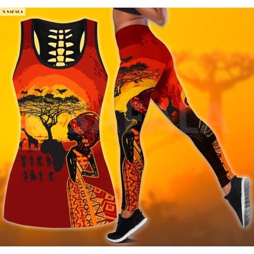 African Land 3D Printed Women Two Piece Yoga Set Vest Hollow Combo Tank Top Legging Waist Sport Fitness Quick Dry E3