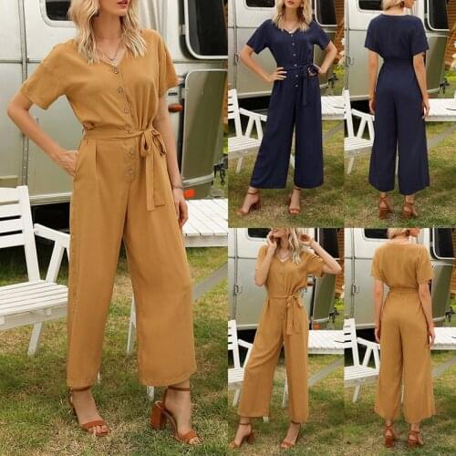 Summer Solid Color Beach Womens Jumpsuit Casual Button Lace Wide Leg Jumpsuit