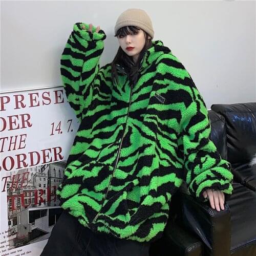 2021 New Winter Streetwear Zebra Pattern Lamb Woolen Thicken Warm Zipper Hooded Padded Coats Women Men Harajuku Loose Outwear