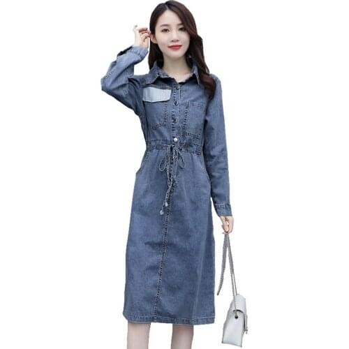 New Korea Elegant Spring Womens Denim Dress Long sleeve Lapel Pocket Fashion Casual Office Women Slim Autumn Dress OK754