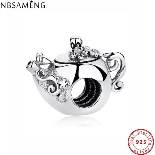Original 100% 925 Sterling Silver Charms Bead Vintage Floral Lace Flower Tea Pot Charm Beads Fit Bracelets Women DIY Jewelry
