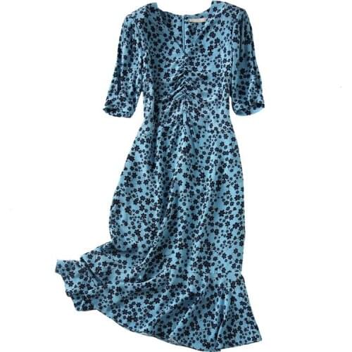 SURUFENG Summer Women Ruffled Short-Sleeved Chiffon Dress V-Neck Shirring High Waist Floral Print Beach Midi Dresses Vestidos
