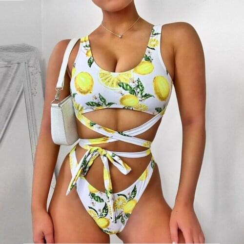Beach Wear Bodysuit Women Lemon Sexy One Piece Swimsuit 2021 Push Up Swimwear Monokini Bandage Bathing Suit Summer One-Piece