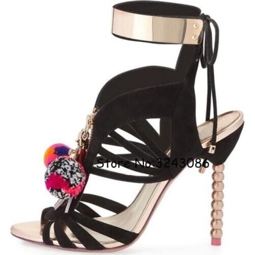 Hot Women Fringe Tassel Stiletto Sandals Metal Ankle Wrap Beading Heels Pumps Shoes Pom Pom Lace Up Cut-out Sandal Boots