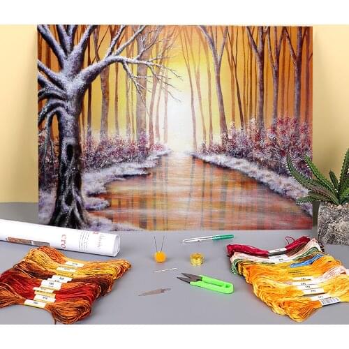 Natural Scenery Winter Light Printed Fabric 11CT Cross Stitch Embroidery Set DMC Threads Painting Needlework Knitting Design