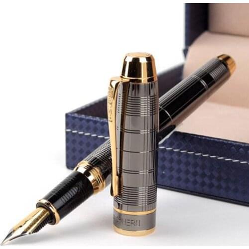 Hero Gift Exquisite Fountain Pen Metal Brushed Grey Grids Patterns Business Office & Home Writing Ink Pen Iraurita Fine 0.5mm