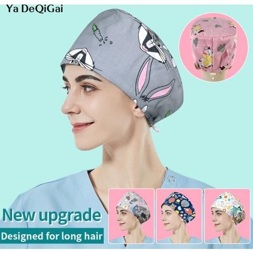 100%Cotton Clearance House Work Hats with Sweatband Unisex Scrubs Cap Scrubs Caps High Quality Long Hair Health Service Work Hat
