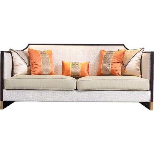 Light luxury new Chinese leather sofa modern simple living room cloth solid wood sofa tea table combination