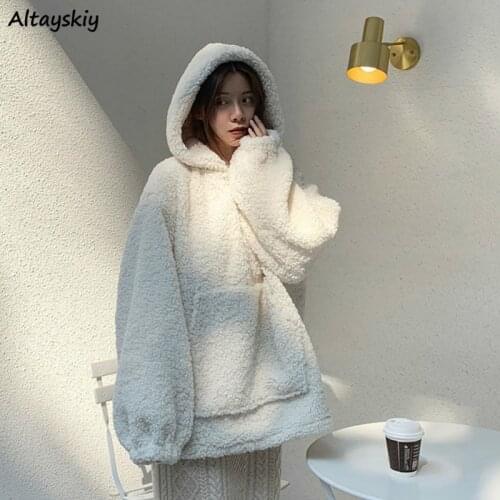 With Hat Hoodies Women Autumn Loose Solid Student Cute All-match Leisure Fashion Simple Comfortable Ulzzang Ladies Thicker Ins