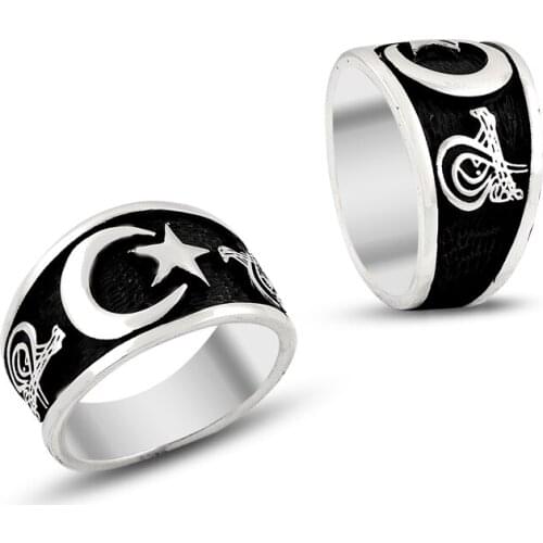 925 Silver Embossed Moon Star Turkish Rings for Men