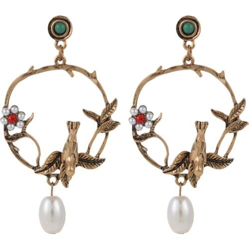 Boho Vintage Antique Gold-Color Chandelier Branches Bird Earrings Freshwater Pearls Dangle Earrings for Women 1523