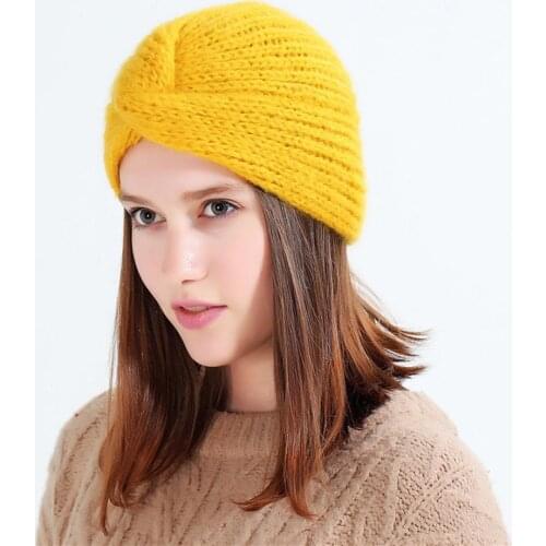 Women Solid Color Knitted Beanie Hat Cross Turban Autumn Winter Hair Accessory Ladies Hats