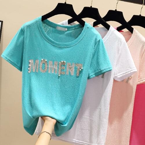 Gkfnmt Ropa Mujer 2021 Summer T Shirt Women Korean Fashion Thin Tshirt Short Sleeve Beading Letter Print Tee Shirt Femme Tops