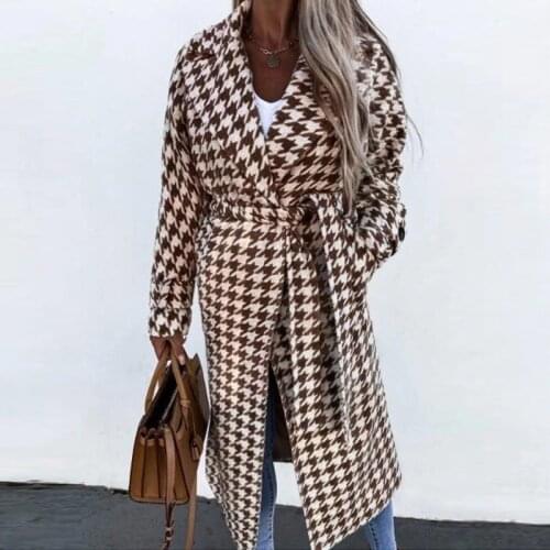 Elegant Lapel Women Vintage Jackets Outwear Autumn Winter Long Sleeve Houndstooth Overcoat Casual Loose Belted Coats Streetwear