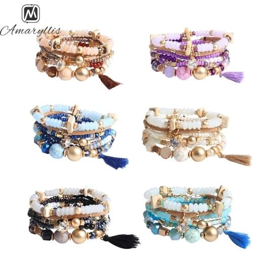 Amaiyllis Bohemia Stone Glass Beads Strand Bracelets For Women Beach Tassel Charms Bracelets 6pc/Set Handcraft Bracelet Pulseras