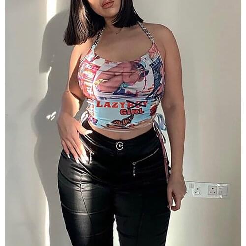 Women Girls Summer Chain-tied Sleeveless Backless Tight Xrop Tops Multicolors Print Tied Chains Vest with Drawstring