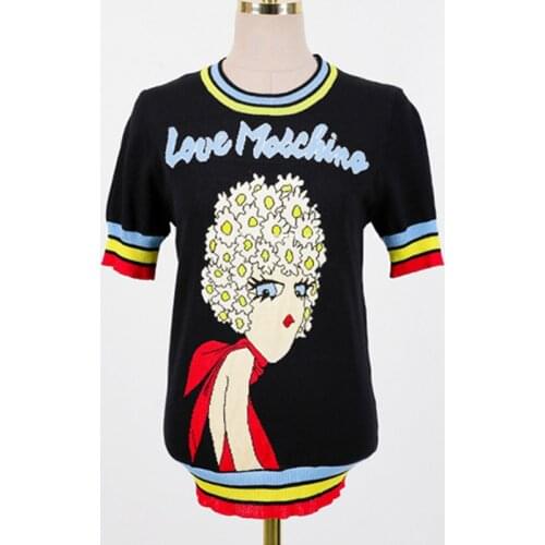 Fanco Women Tops Jacquard Lovely Girl Letters Short Sleeve Pullover Summer Female Knitted Striped O-Neck Sweater Jumper