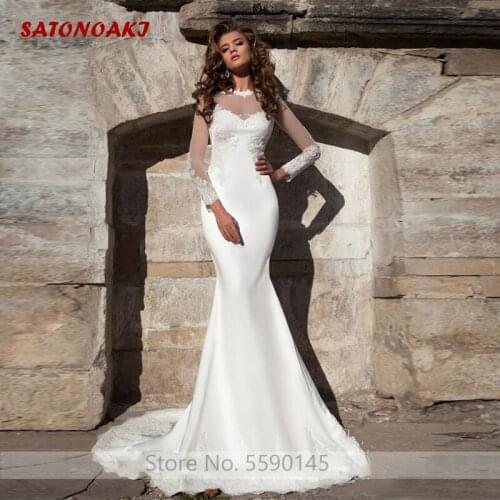 Long Sleeve Mermaid Satin Wedding Dress Lace Vestido De Novia 2020 Princesa Bride Gown Custom Made Mariage Undefined Online Shop