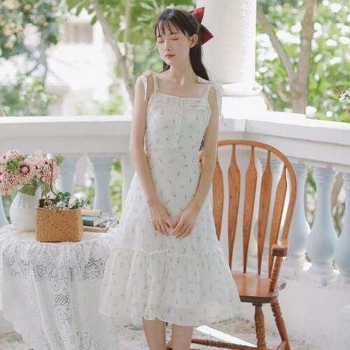 French Gentle Retro Floral Sling Dress Women Summer Bow Shoulder Strap Chic Cute Sweet Party Spaghetti Strap Dress