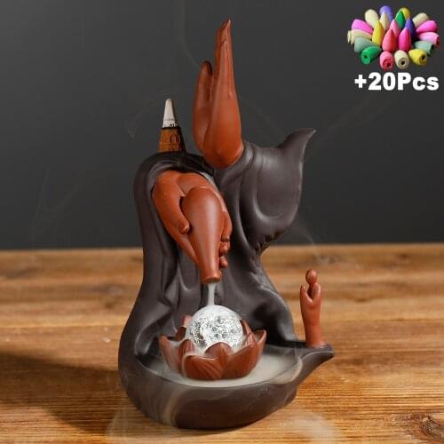 20Pcs Incense Cones Zen Buddha Hand Backflow Incense Burner With Led Feng Shui Ball Buddha Monk Incense Holder Incense Machine