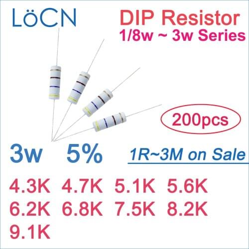 200pcs 5% 3W Carbon Film Resistor DIP 4.3K 4.7K 5.1K 5.6K 6.2K 6.8K 7.5K 8.2K 9.1K OHM Color ring 1R~3M 1w 2w 1/6w 1/4w 1/2w
