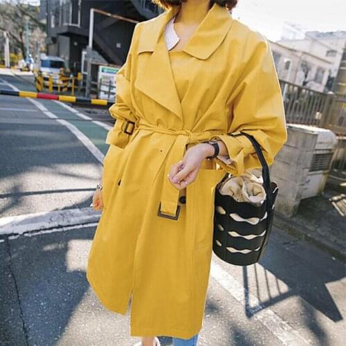 2020 Autumn Womens Double Breasted Trench Coat Loose Casual Windbreaker Female Yellow with Belt Overcoat Business Outerwear 441