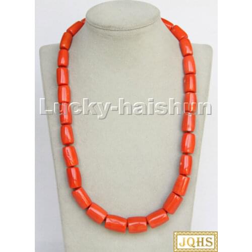 AAA natural Long 23" 19mm column pink orange coral beads necklace gold plated clasp c258