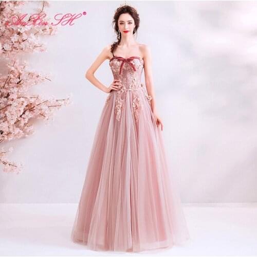 AXJFU pink lace bow evening dress luxury flower sleeveless beading crystal evening dress strapless beach evening dress 1166