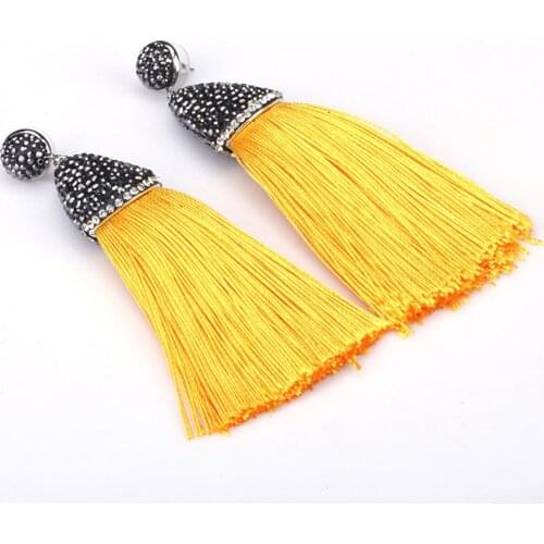 Bohemia Boho Bright Yellow Fabric Thick Tassel with Black Rhinestone Cap Connector Studs Long Dangle Tassel Earring For Women