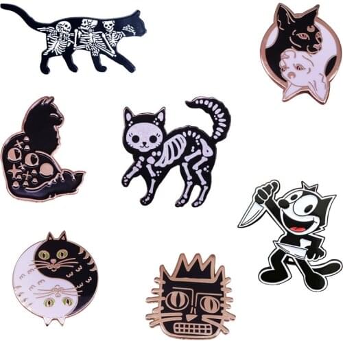 Black White Cat Theme Brooch Yin Yang Skeleton Celestial Animal Lovers Gothic Accessory
